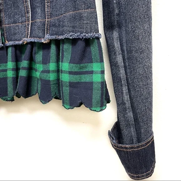 Umgee Denim Plaid Green Blue .Ruffle Hem Cropped Raw Hem Denim Jacket Small - Picture 4 of 7